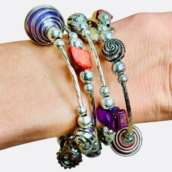 Colorful Caged Bead Silver Tone Flex Wire Stretch Bracelet - Picture 4 of 5